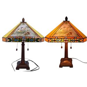 Danbury Mint Tiffany Style Songbird Lamp Stained Glass Goldfinch Cardinal Vtg
